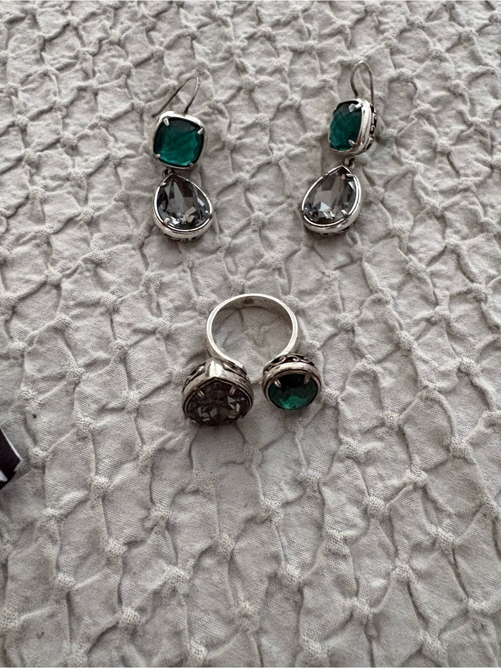 Brighton Silver-Tone Earrings & ring with Emerald Green and Smokey Stones
